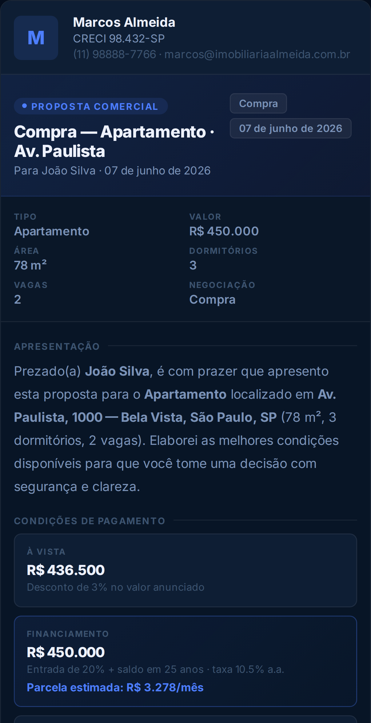 Exemplo de proposta gerada no Selo — com a marca do corretor e simulação de financiamento SAC e Price